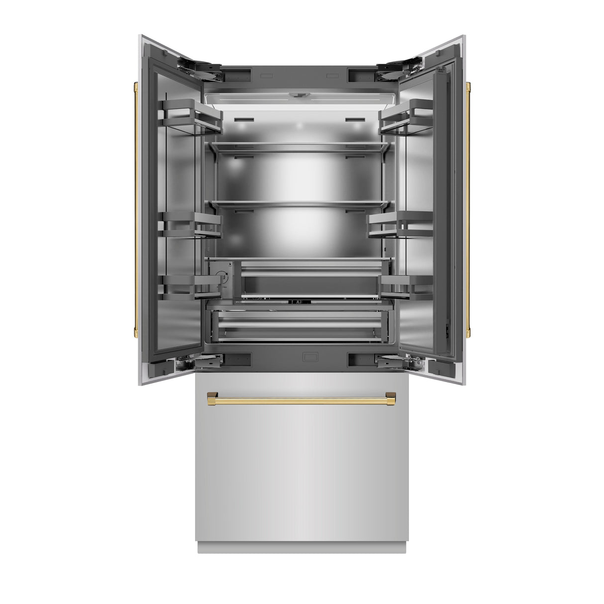 ZLINE Autograph Edition 36 in. 19.6 cu. ft. French Door Built-In Bottom Freezer Refrigerator with Water Dispenser and Ice Maker in Stainless Steel with Stainless Steel Interior and Polished Gold Accents (SRBIVZ-304-36G)