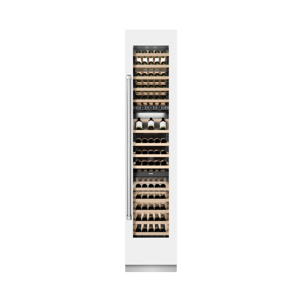 ZLINE Autograph Edition 18 in. 9.0 cu. ft. Triple Zone 68 Bottle Right Hinge Column Wine Cooler in White Matte with Champagne Bronze Accents (RCWVRZ-WM-18-CB)