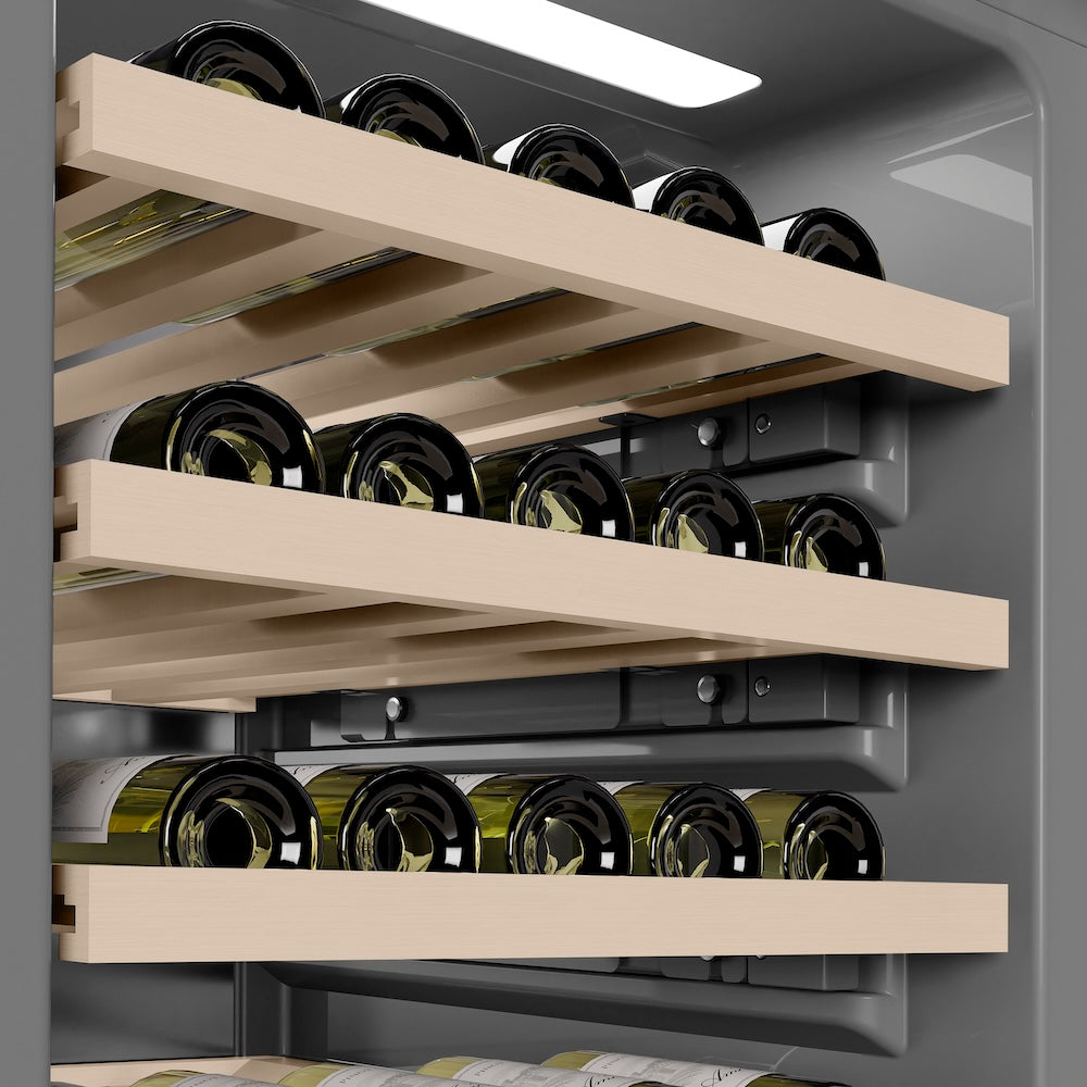 ZLINE Autograph Edition 18 in. 9.0 cu. ft. Triple Zone 68 Bottle Right Hinge Column Wine Cooler in White Matte with Champagne Bronze Accents (RCWVRZ-WM-18-CB)