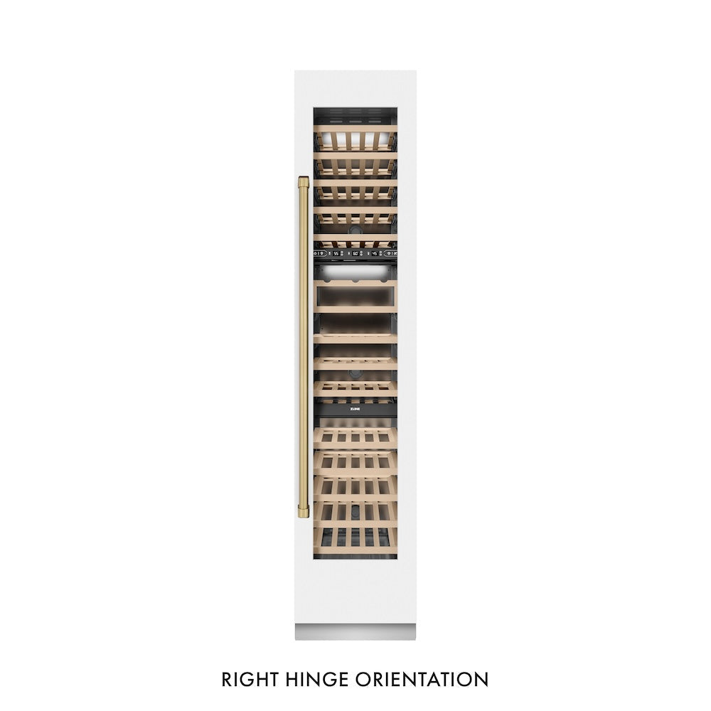 ZLINE Autograph Edition 18 in. 9.0 cu. ft. Triple Zone 68 Bottle Right Hinge Column Wine Cooler in White Matte with Champagne Bronze Accents (RCWVRZ-WM-18-CB)