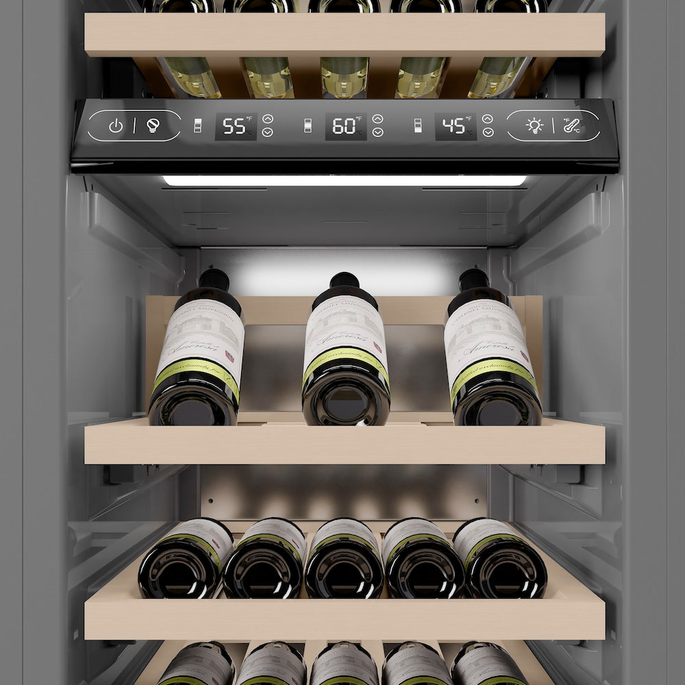 ZLINE Autograph Edition 18 in. 9.0 cu. ft. Triple Zone 68 Bottle Right Hinge Column Wine Cooler in White Matte with Polished Gold Accents (RCWVRZ-WM-18-G)
