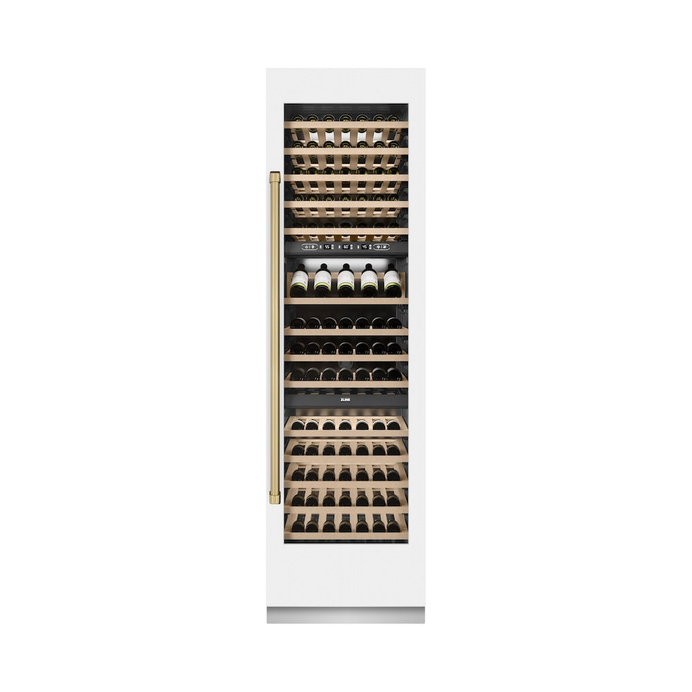 ZLINE Autograph Edition 24 in. 12.4 cu. ft. Triple Zone 100 Bottle Column Wine Cooler in White Matte and Champagne Bronze Accents (RCWVZ-WM-24-CB)