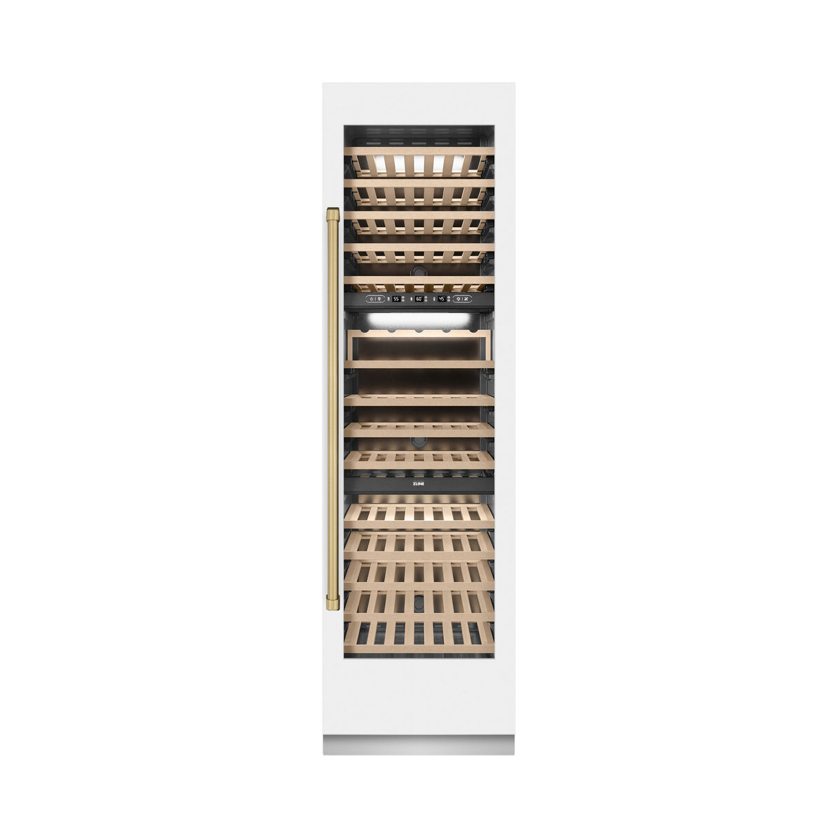 ZLINE Autograph Edition 24 in. 12.4 cu. ft. Triple Zone 100 Bottle Column Wine Cooler in White Matte and Champagne Bronze Accents (RCWVZ-WM-24-CB)
