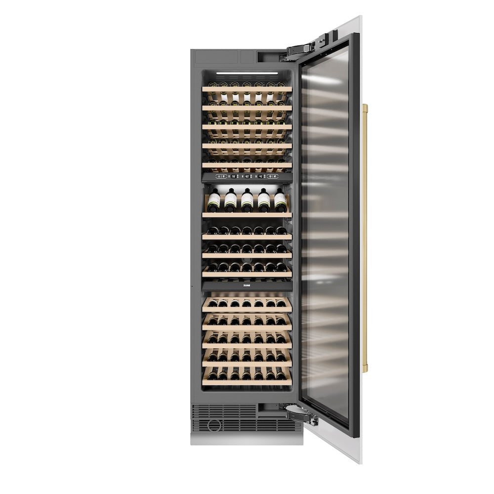 ZLINE Autograph Edition 24 in. 12.4 cu. ft. Triple Zone 100 Bottle Column Wine Cooler in White Matte and Champagne Bronze Accents (RCWVZ-WM-24-CB)