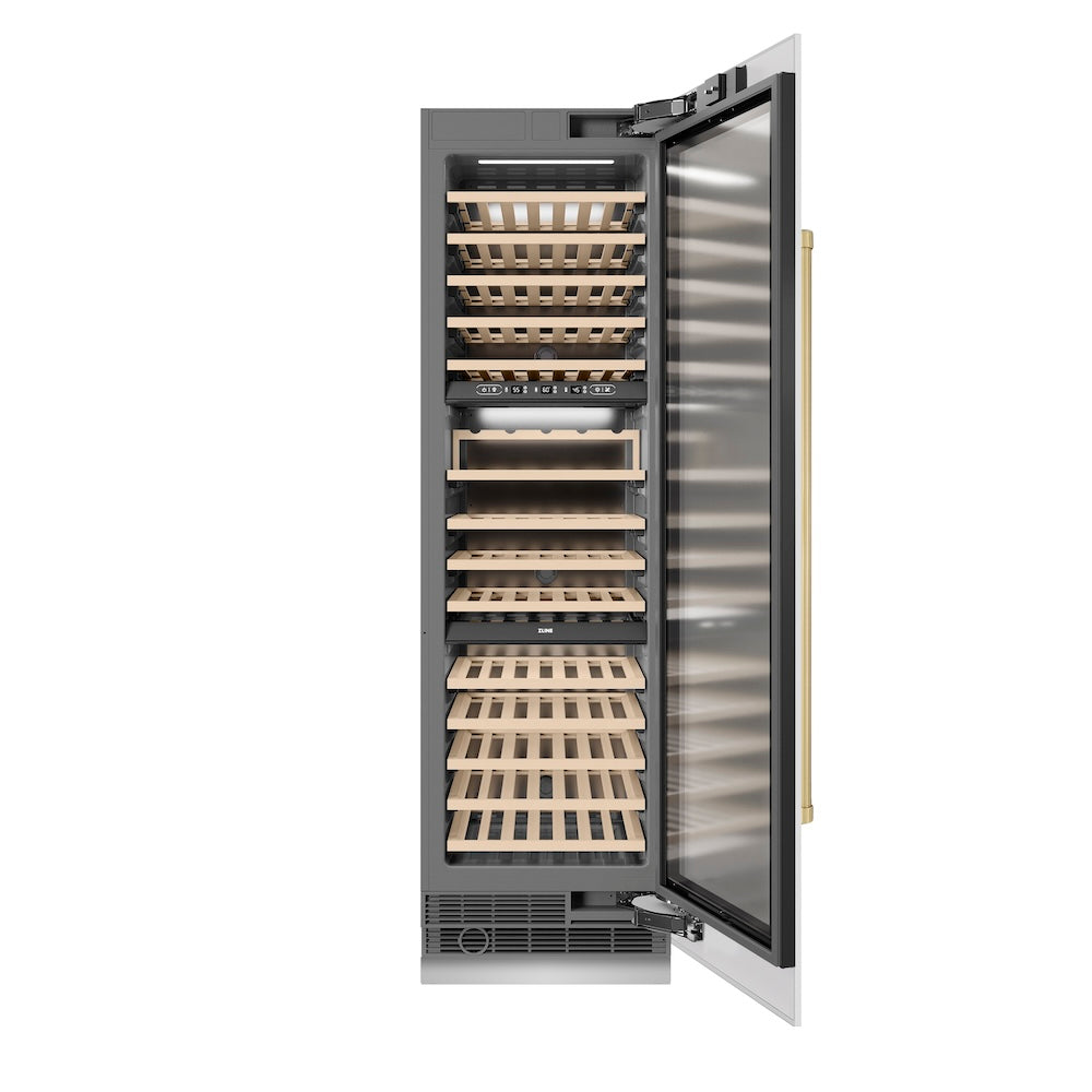 ZLINE Autograph Edition 24 in. 12.4 cu. ft. Triple Zone 100 Bottle Column Wine Cooler in White Matte and Champagne Bronze Accents (RCWVZ-WM-24-CB)