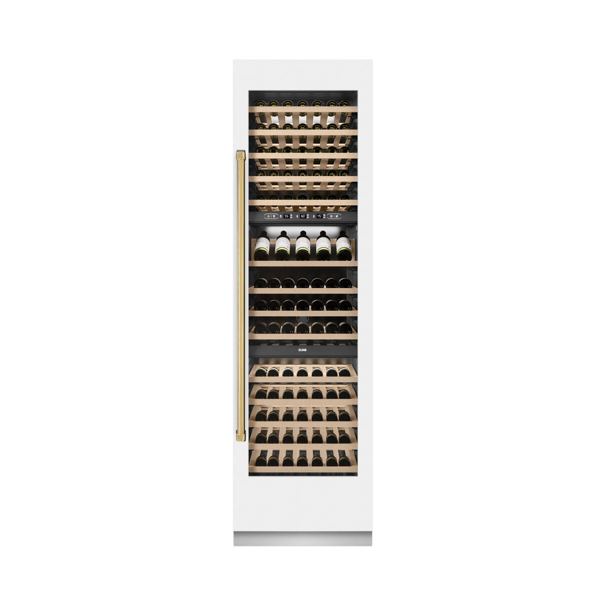 ZLINE Autograph Edition 24 in. 12.4 cu. ft. Triple Zone 100 Bottle Column Wine Cooler in White Matte and Polished Gold Accents (RCWVZ-WM-24-G)