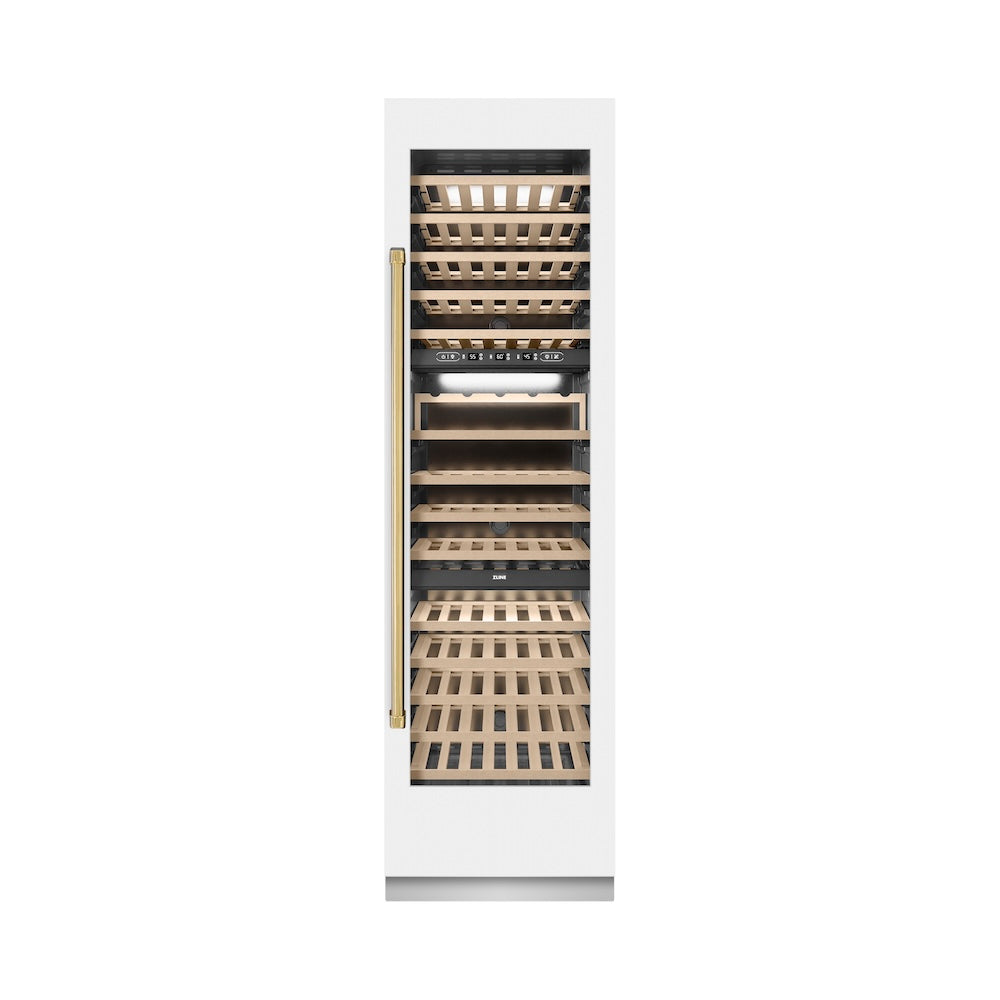 ZLINE Autograph Edition 24 in. 12.4 cu. ft. Triple Zone 100 Bottle Column Wine Cooler in White Matte and Polished Gold Accents (RCWVZ-WM-24-G)