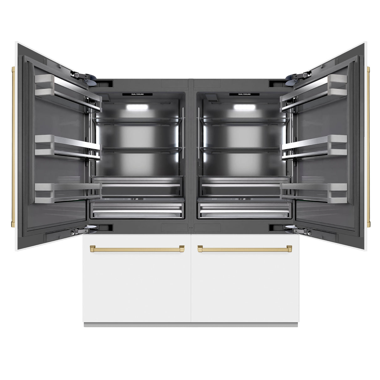 ZLINE Autograph Edition 72 in. 39.6 cu. ft. French Door Built-In Bottom Freezer Refrigerator with Water Dispensers and Ice Makers in White Matte with Graphite Gray Interior and Champagne Bronze Accents (GRBITZ-WM-72-CB)