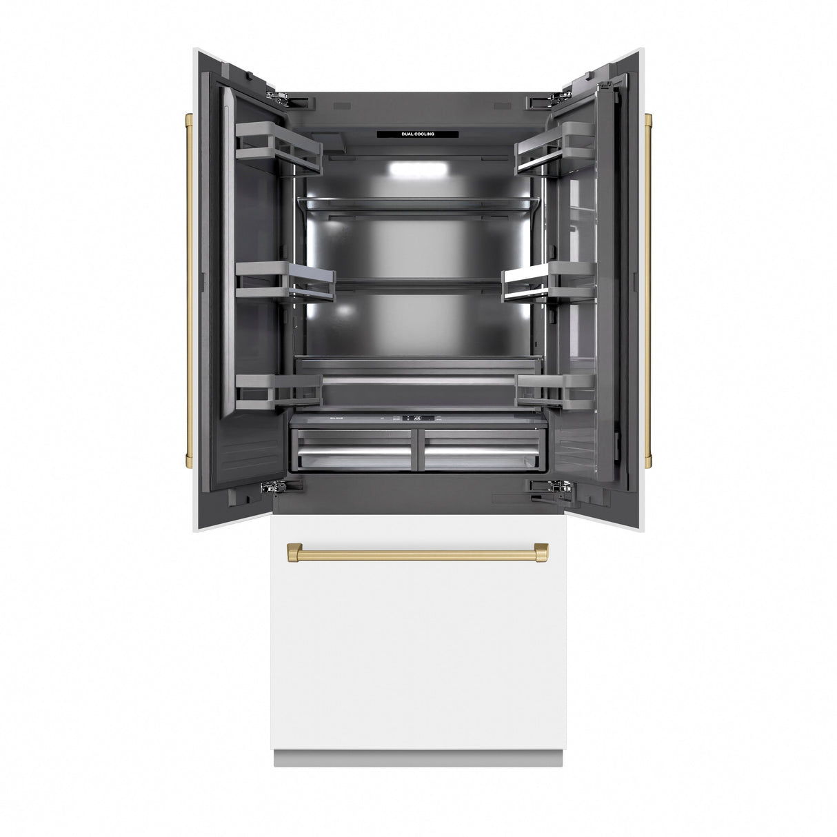 ZLINE Autograph Edition 36 in. 19.6 cu. ft. French Door Built-In Bottom Freezer Refrigerator with Water Dispenser and Ice Maker in White Matte with Graphite Gray Interior and Champagne Bronze Accents (GRBIVZ-WM-36-CB)