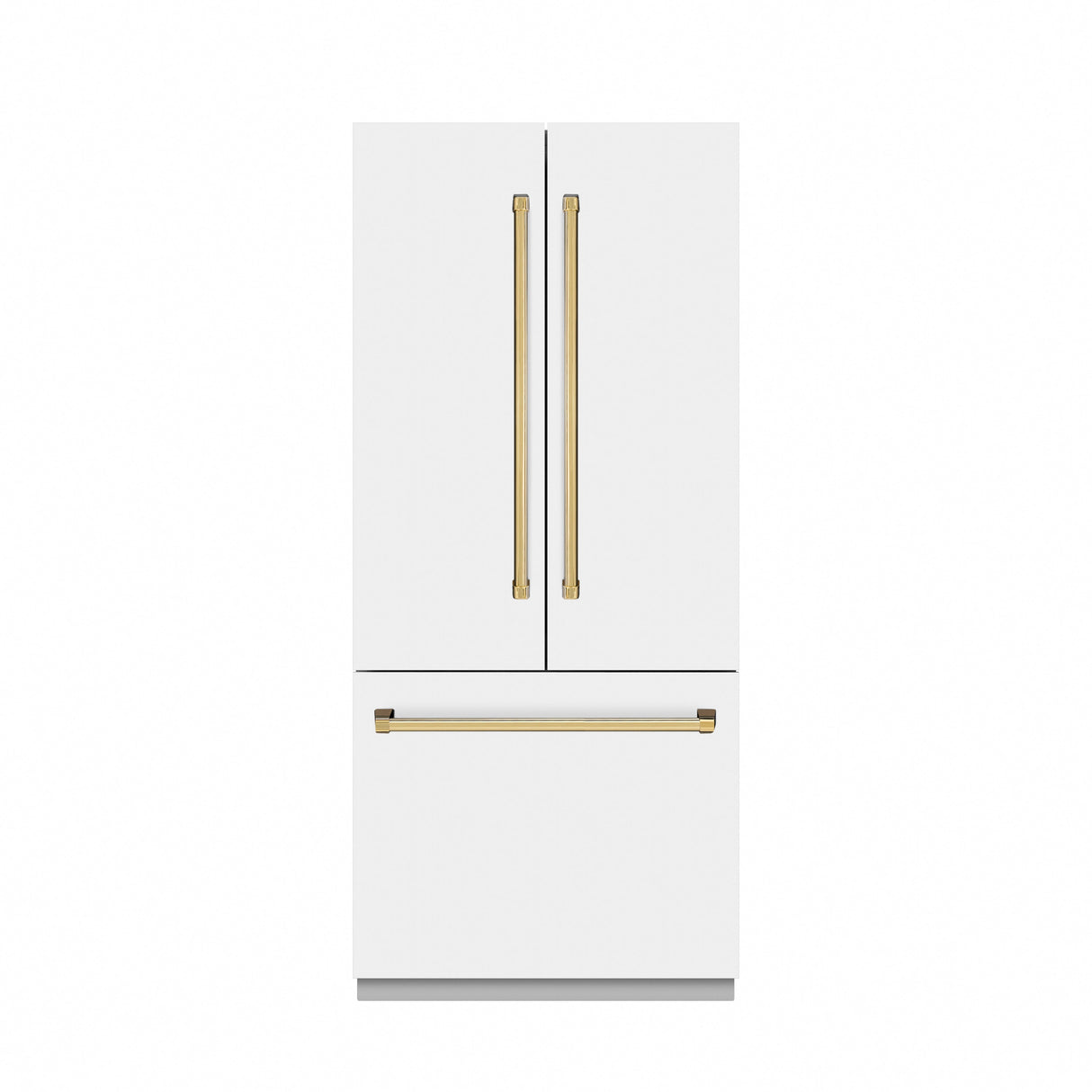 ZLINE Autograph Edition 36 in. 19.6 cu. ft. French Door Built-In Bottom Freezer Refrigerator with Water Dispenser and Ice Maker in White Matte with Graphite Gray Interior and Polished Gold Accents (GRBIVZ-WM-36-G)
