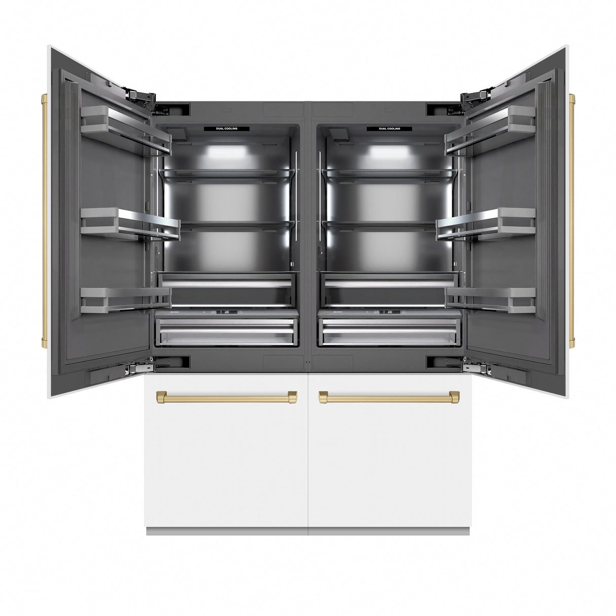 ZLINE Autograph Edition 60 in. 32.2 cu. ft. French Door Built-In Bottom Freezer Refrigerator with Water Dispenser and Ice Maker in White Matte with Graphite Gray Interior and Champagne Bronze Accents (GRBIVZ-WM-60-CB)