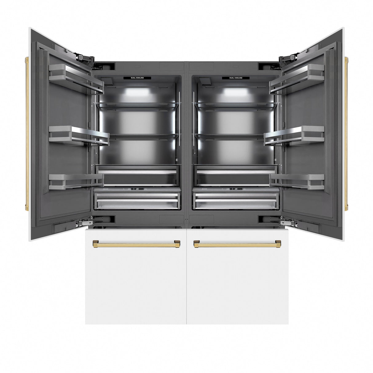 ZLINE Autograph Edition 60 in. 32.2 cu. ft. French Door Built-In Bottom Freezer Refrigerator with Water Dispenser and Ice Maker in White Matte with Graphite Gray Interior and Polished Gold Accents (GRBIVZ-WM-60-G)