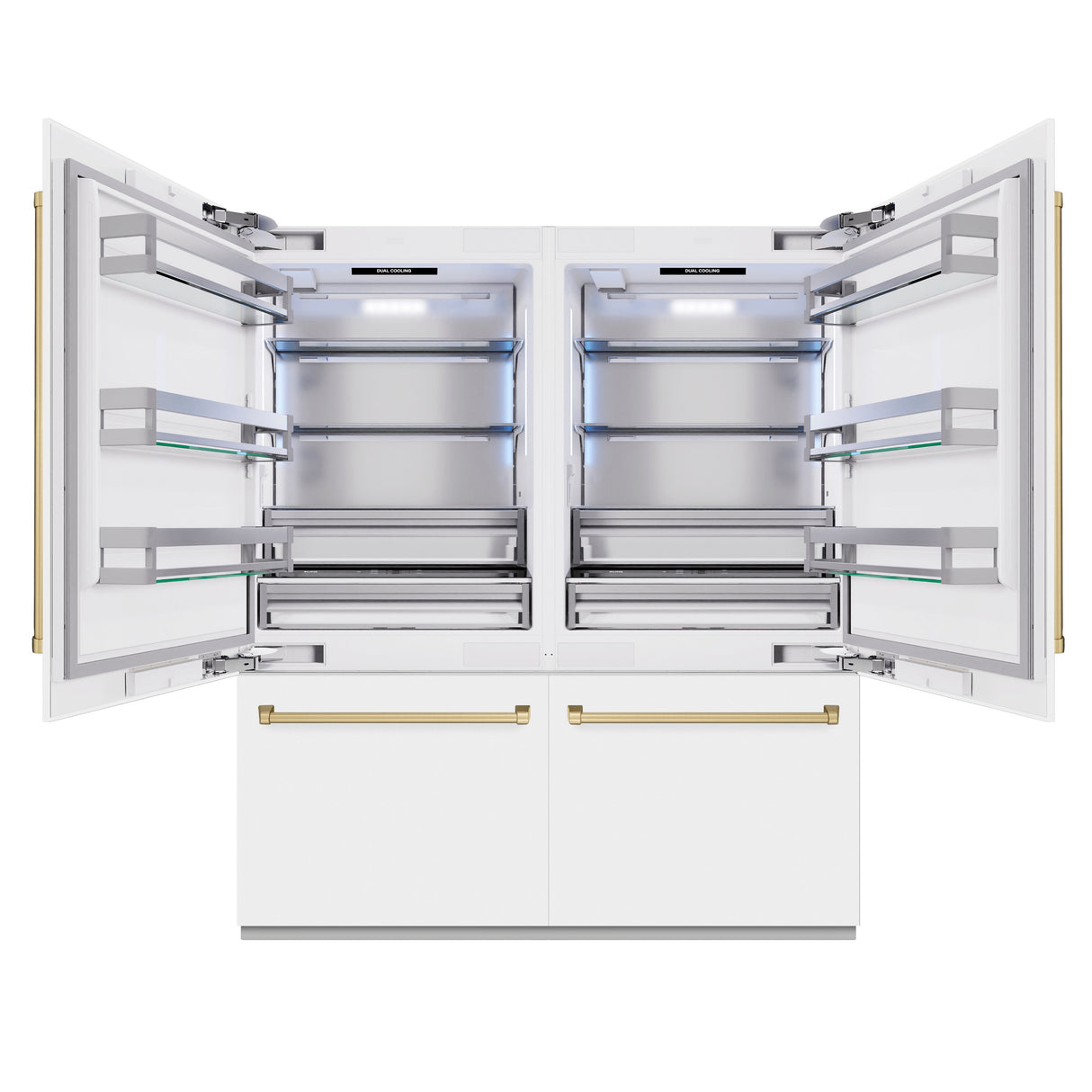 ZLINE Autograph Edition 72 in. 39.6 cu. ft. French Door Built-In Bottom Freezer Refrigerator with Water Dispensers and Ice Makers in White Matte and Champagne Bronze Accents (RBITZ-WM-72-CB)