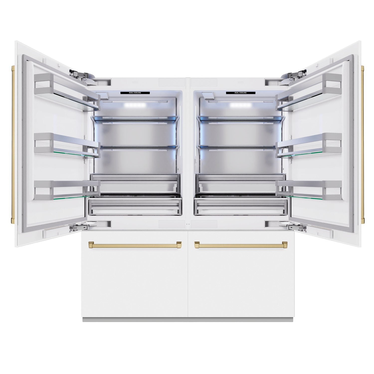 ZLINE Autograph Edition 72 in. 39.6 cu. ft. French Door Built-In Bottom Freezer Refrigerator with Water Dispensers and Ice Makers in White Matte and Champagne Bronze Accents (RBITZ-WM-72-CB)