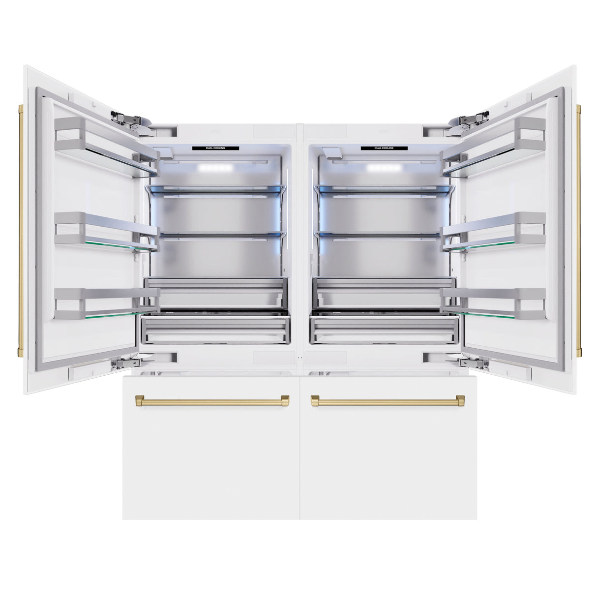 ZLINE Autograph Edition 72 in. 39.6 cu. ft. French Door Built-In Bottom Freezer Refrigerator with Water Dispensers and Ice Makers in White Matte and Champagne Bronze Accents (RBITZ-WM-72-CB)