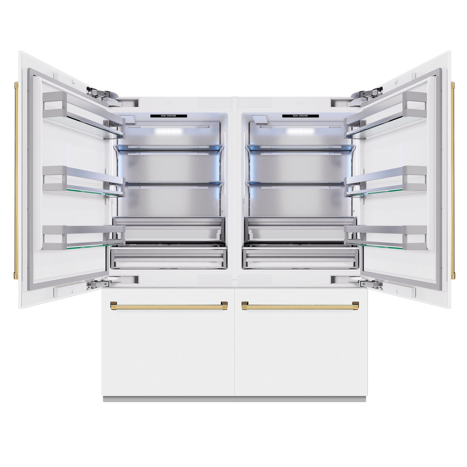 ZLINE Autograph Edition 72 in. 39.6 cu. ft. French Door Built-In Bottom Freezer Refrigerator with Water Dispensers and Ice Makers in White Matte and Polished Gold Accents (RBITZ-WM-72-G)