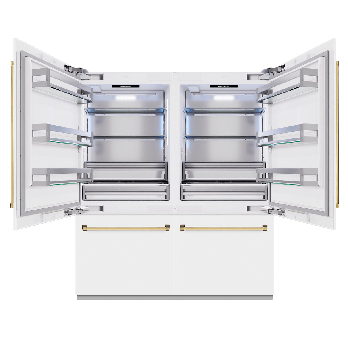 ZLINE Autograph Edition 72 in. 39.6 cu. ft. French Door Built-In Bottom Freezer Refrigerator with Water Dispensers and Ice Makers in White Matte and Polished Gold Accents (RBITZ-WM-72-G)