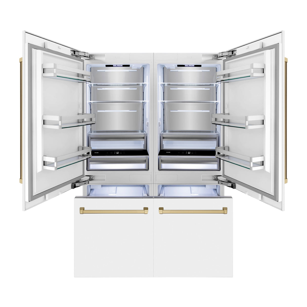 ZLINE Autograph Edition 60 in. 32.2 cu. ft. French Door Built-In Bottom Freezer Refrigerator with Water Dispenser and Ice Maker in White Matte with Polished Gold Accents (RBIVZ-WM-60-G)