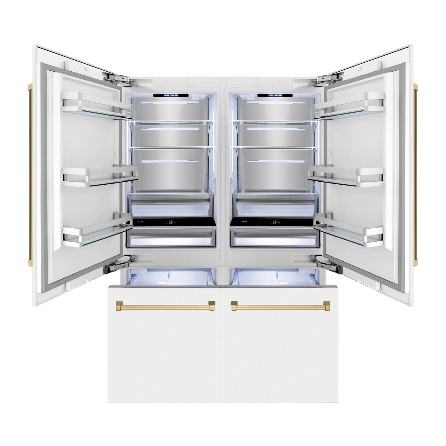 ZLINE Autograph Edition 60 in. 32.2 cu. ft. French Door Built-In Bottom Freezer Refrigerator with Water Dispenser and Ice Maker in White Matte with Champagne Bronze Accents (RBIVZ-WM-60-CB)