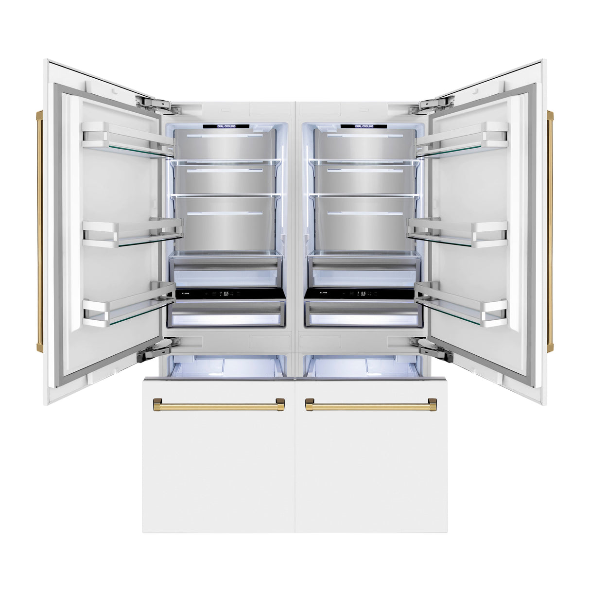 ZLINE Autograph Edition 60 in. 32.2 cu. ft. French Door Built-In Bottom Freezer Refrigerator with Water Dispenser and Ice Maker in White Matte with Polished Gold Accents (RBIVZ-WM-60-G)