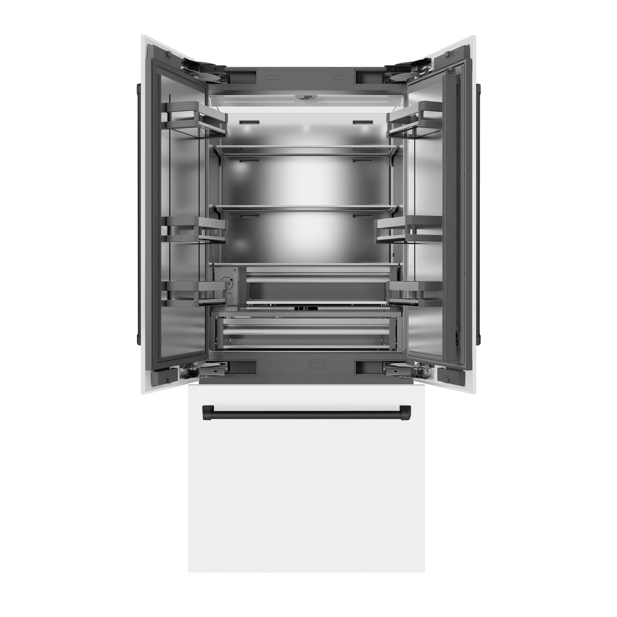 ZLINE Autograph Edition 36 in. 19.6 cu. ft. French Door Built-In Bottom Freezer Refrigerator with Water Dispenser and Ice Maker in White Matte with Stainless Steel Interior and Matte Black Accents (SRBIVZ-WM-36-MB)