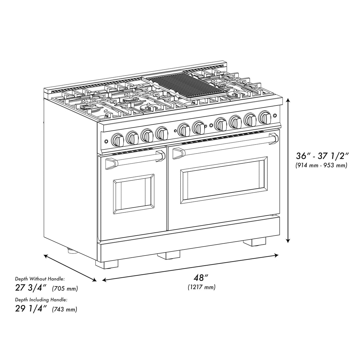 ZLINE 48 in. 6.7 cu. ft. Classic Double Oven Gas Range with 8 Burner Cooktop in Satin Stainless Steel with Black Matte Doors (CGRS-BLM-48)