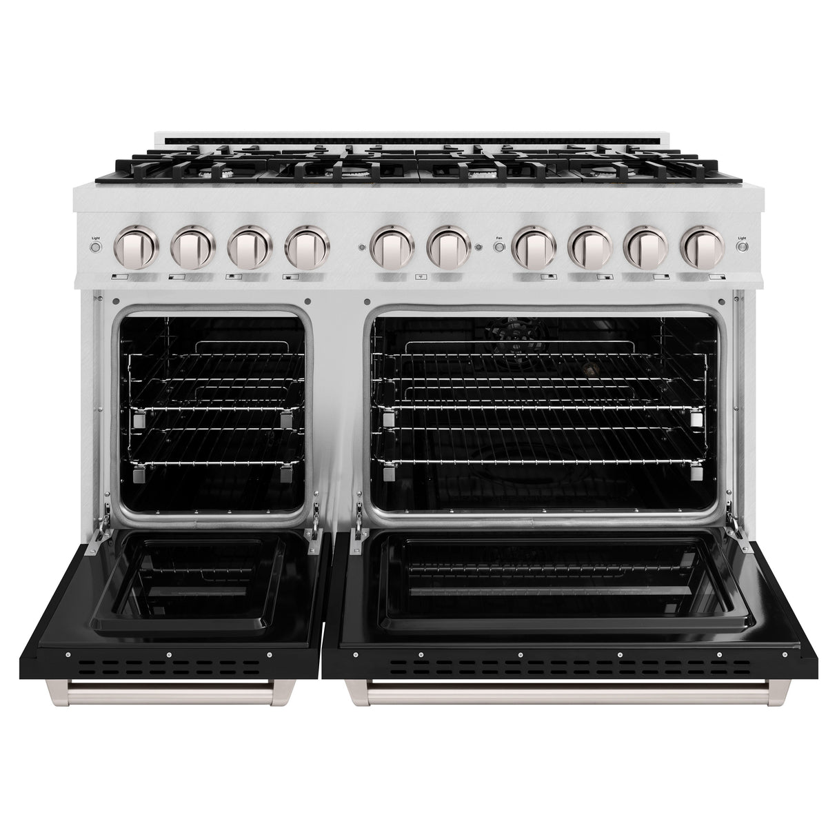 ZLINE 48 in. 6.7 cu. ft. Classic Double Oven Gas Range with 8 Burner Cooktop in Satin Stainless Steel with Black Matte Doors (CGRS-BLM-48)