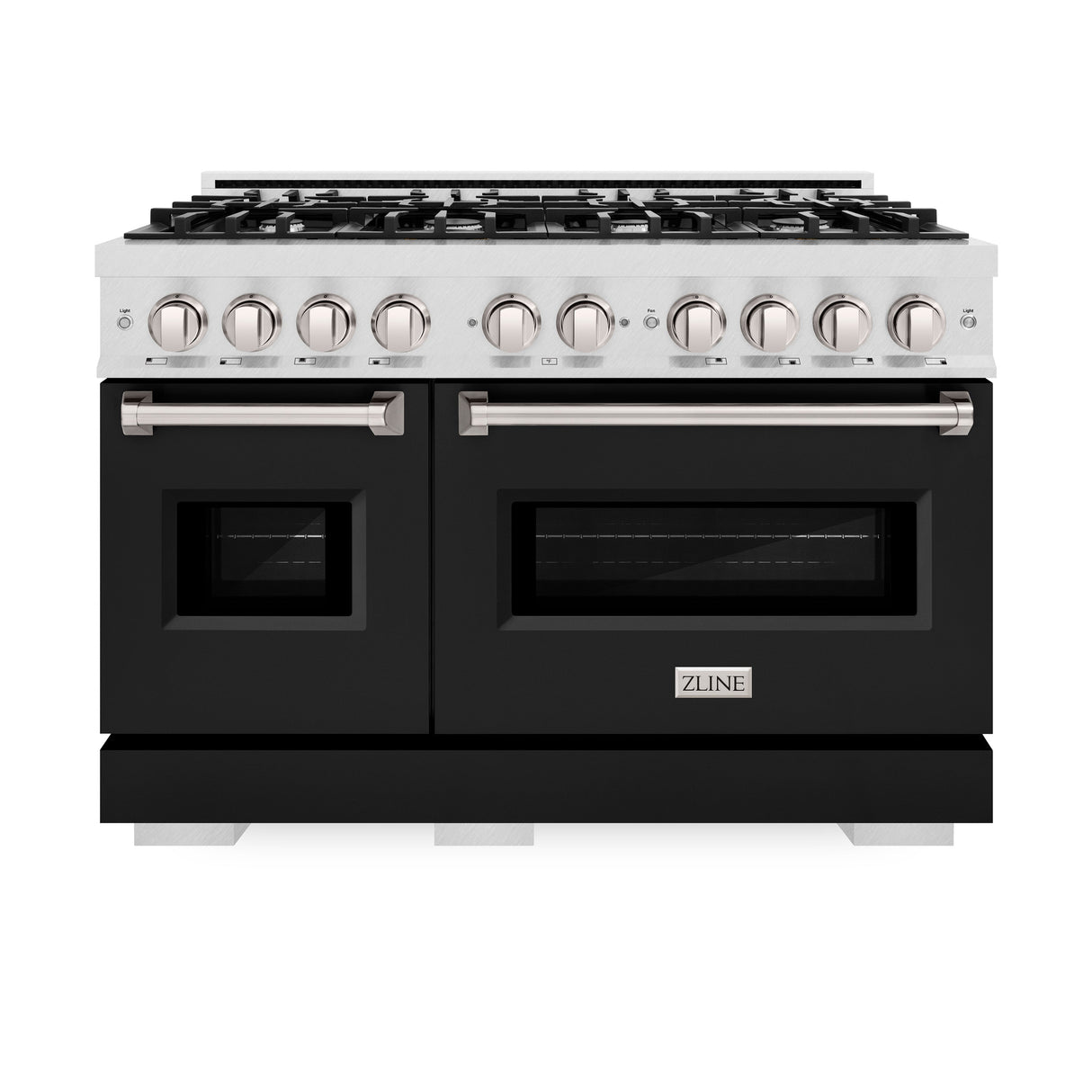 ZLINE 48 in. 6.7 cu. ft. Classic Double Oven Gas Range with 8 Burner Cooktop in Satin Stainless Steel with Black Matte Doors (CGRS-BLM-48)