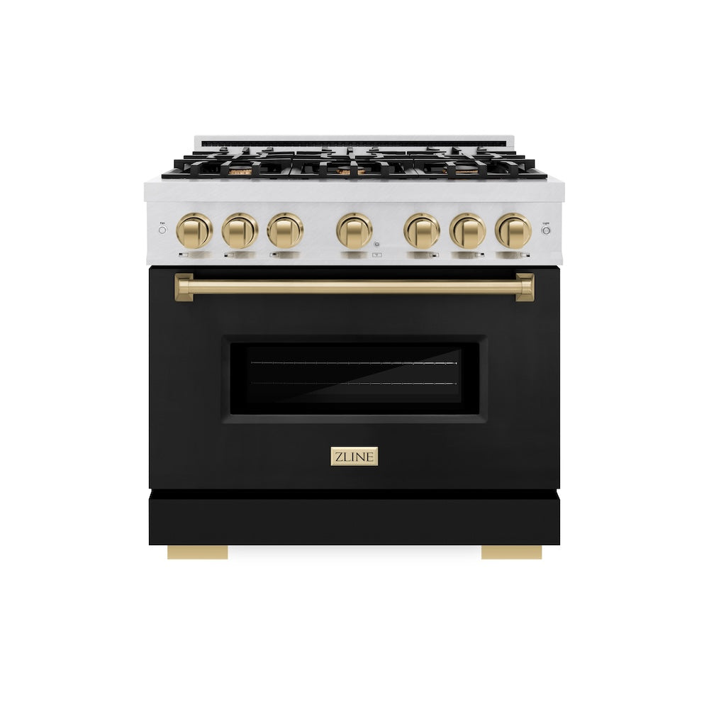 ZLINE Autograph Edition 36 in. 5.2 cu. ft. Classic Dual Fuel Range with 6 Burner Gas Cooktop and Electric Convection Oven in Satin Stainless Steel with Black Matte Door and Champagne Bronze Accents (CDRSZ-BLM-36-CB)