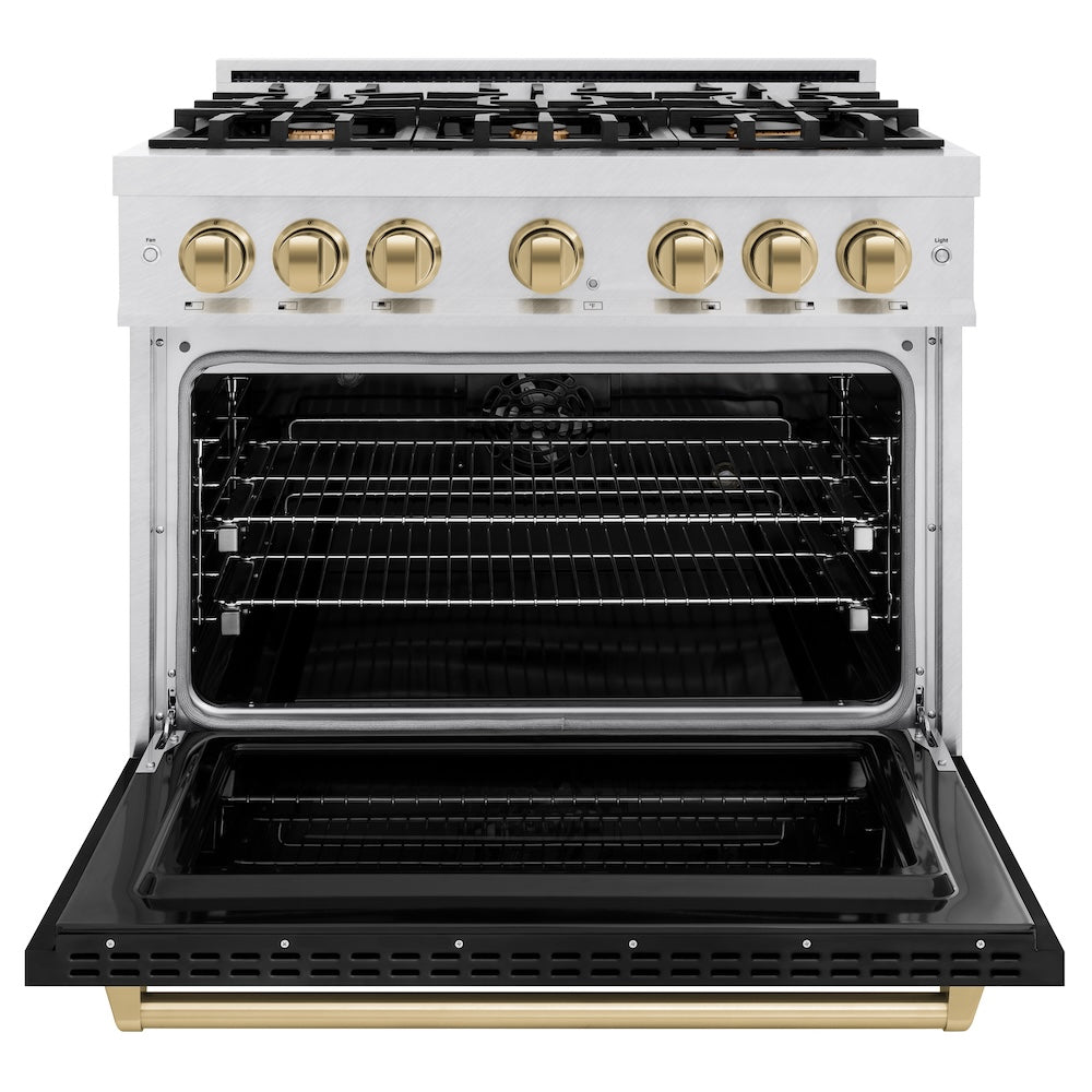 ZLINE Autograph Edition 36 in. 5.2 cu. ft. Classic Dual Fuel Range with 6 Burner Gas Cooktop and Electric Convection Oven in Satin Stainless Steel with Black Matte Door and Champagne Bronze Accents (CDRSZ-BLM-36-CB)