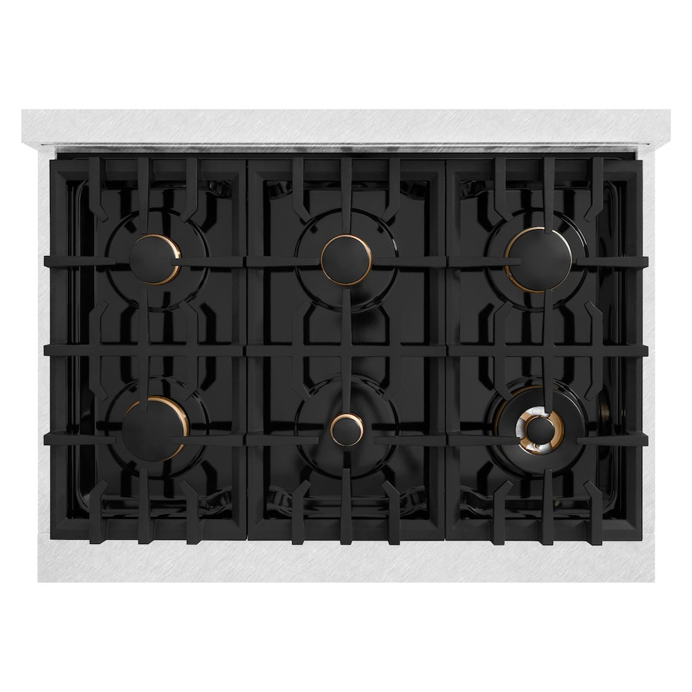 ZLINE Autograph Edition 36 in. 5.2 cu. ft. Classic Dual Fuel Range with 6 Burner Gas Cooktop and Electric Convection Oven in Satin Stainless Steel with Black Matte Door and Champagne Bronze Accents (CDRSZ-BLM-36-CB)