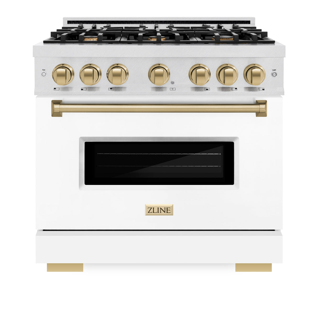ZLINE Autograph Edition 36 in. 5.2 cu. ft. Classic Dual Fuel Range with 6 Burner Gas Cooktop and Electric Convection Oven in Satin Stainless Steel with White Matte Door and Champagne Bronze Accents (CDRSZ-WM-36-CB)
