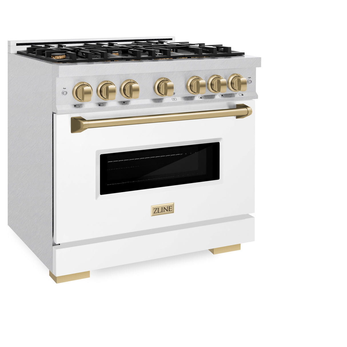 ZLINE Autograph Edition 36 in. 5.2 cu. ft. Classic Dual Fuel Range with 6 Burner Gas Cooktop and Electric Convection Oven in Satin Stainless Steel with White Matte Door and Champagne Bronze Accents (CDRSZ-WM-36-CB)