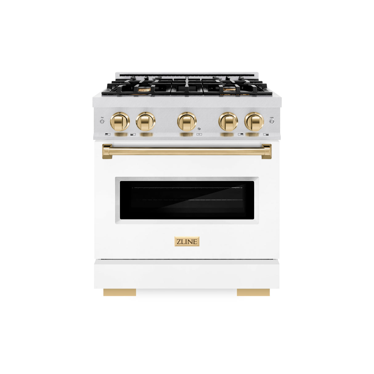 ZLINE Autograph Edition 30 in. 4.2 cu. ft. Classic Dual Fuel Range with 4 Burner Gas Cooktop and Electric Convection Oven in Satin Stainless Steel with White Matte Door and Polished Gold Accents (CDRSZ-WM-30-G)