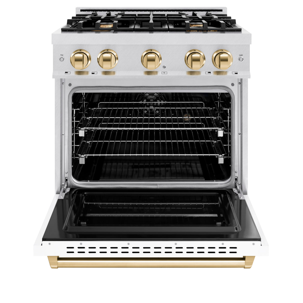ZLINE Autograph Edition 30 in. 4.2 cu. ft. Classic Dual Fuel Range with 4 Burner Gas Cooktop and Electric Convection Oven in Satin Stainless Steel with White Matte Door and Polished Gold Accents (CDRSZ-WM-30-G)