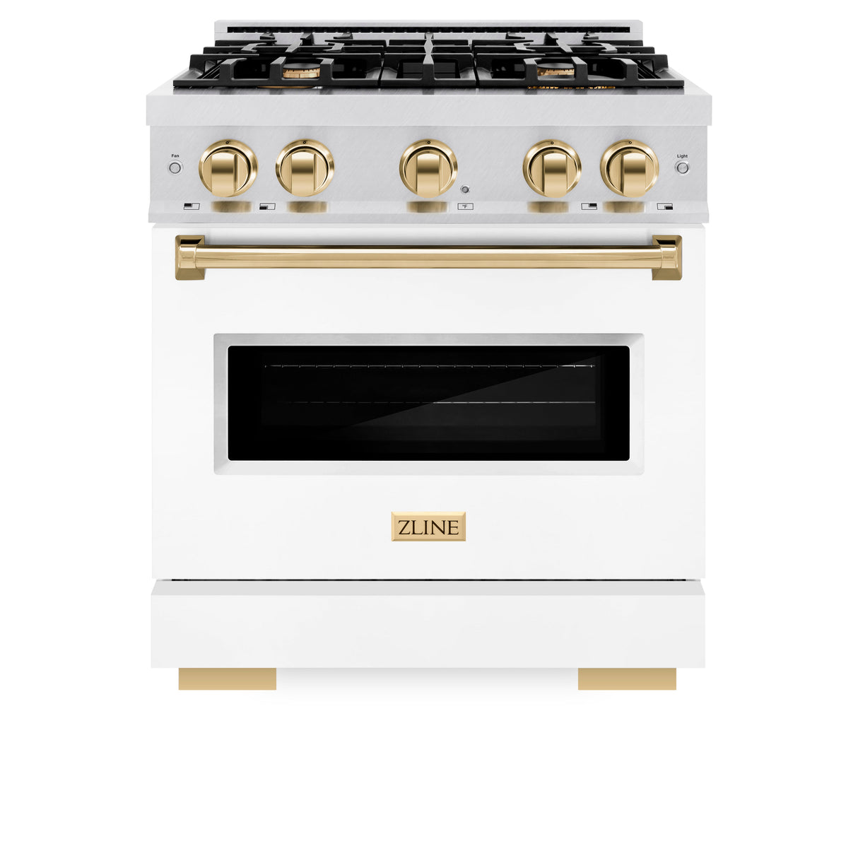 ZLINE Autograph Edition 30 in. 4.2 cu. ft. Classic Dual Fuel Range with 4 Burner Gas Cooktop and Electric Convection Oven in Satin Stainless Steel with White Matte Door and Polished Gold Accents (CDRSZ-WM-30-G)