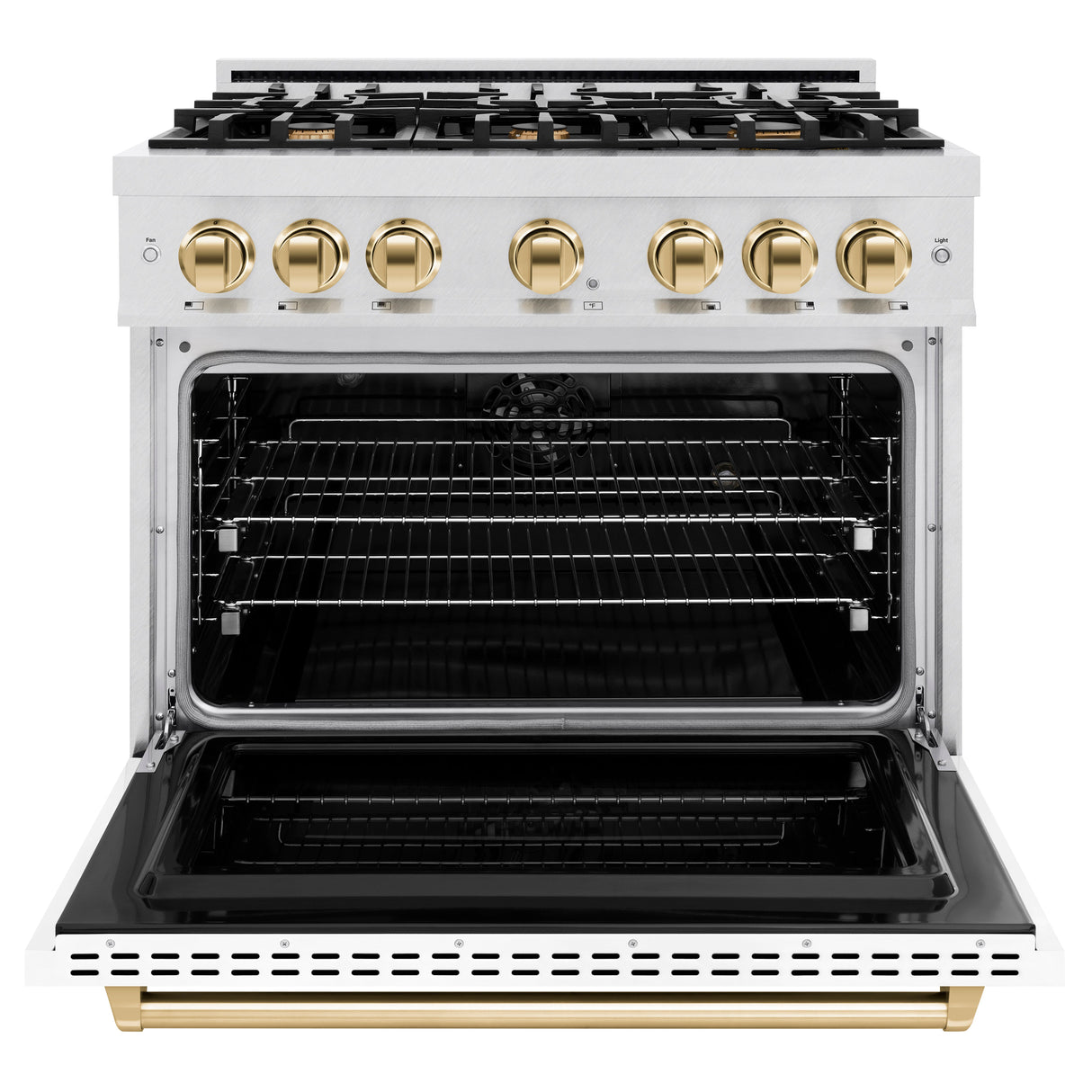 ZLINE Autograph Edition 36 in. 5.2 cu. ft. Classic Dual Fuel Range with 6 Burner Gas Cooktop and Electric Convection Oven in Satin Stainless Steel with White Matte Door and Polished Gold Accents (CDRSZ-WM-36-G)
