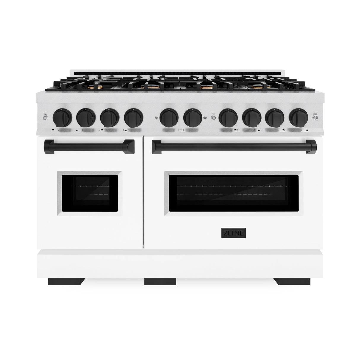 ZLINE Autograph Edition 48 in. 6.7 cu. ft. Classic Double Oven Dual Fuel Range with 8 Burner Gas Cooktop in Satin Stainless Steel with White Matte Doors and Matte Black Accents (CDRSZ-WM-48-MB)