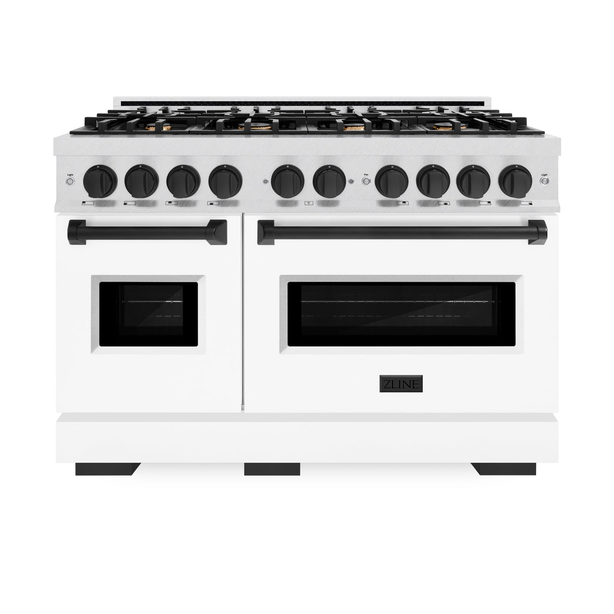 ZLINE Autograph Edition 48 in. 6.7 cu. ft. Classic Double Oven Dual Fuel Range with 8 Burner Gas Cooktop in Satin Stainless Steel with White Matte Doors and Matte Black Accents (CDRSZ-WM-48-MB)