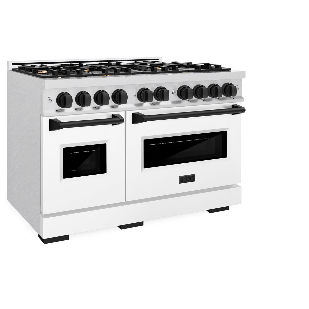 ZLINE Autograph Edition 48 in. 6.7 cu. ft. Classic Double Oven Dual Fuel Range with 8 Burner Gas Cooktop in Satin Stainless Steel with White Matte Doors and Matte Black Accents (CDRSZ-WM-48-MB)