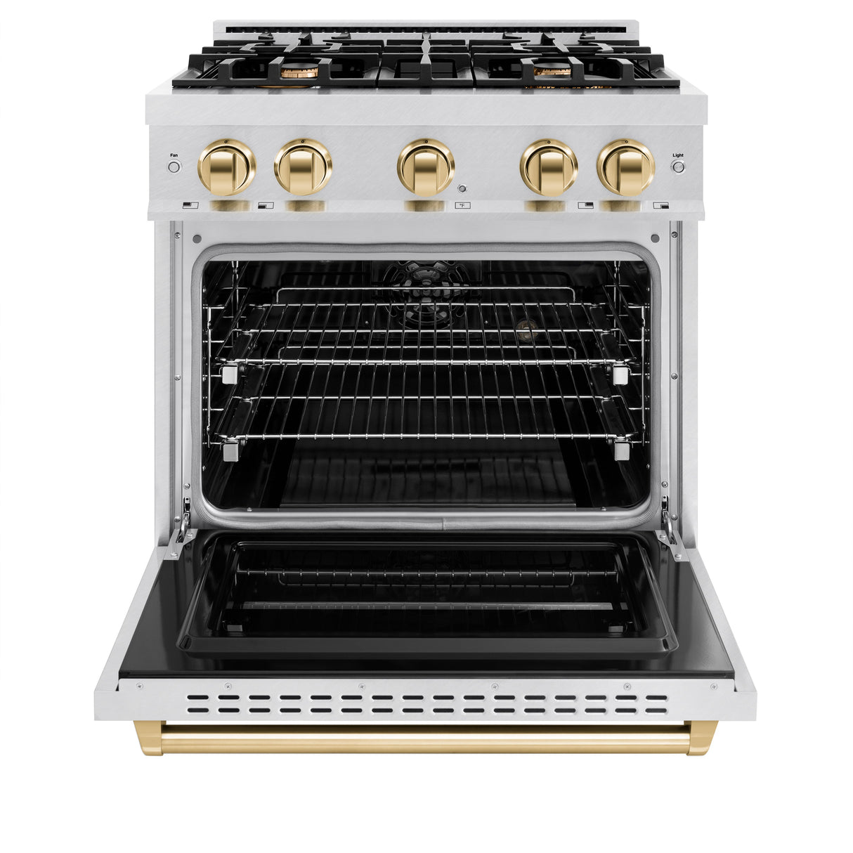 ZLINE Autograph Edition 30 in. 4.2 cu. ft. Classic Dual Fuel Range with 4 Burner Gas Cooktop and Electric Convection Oven in Satin Stainless Steel with Polished Gold Accents (CDRSZ-30-G)