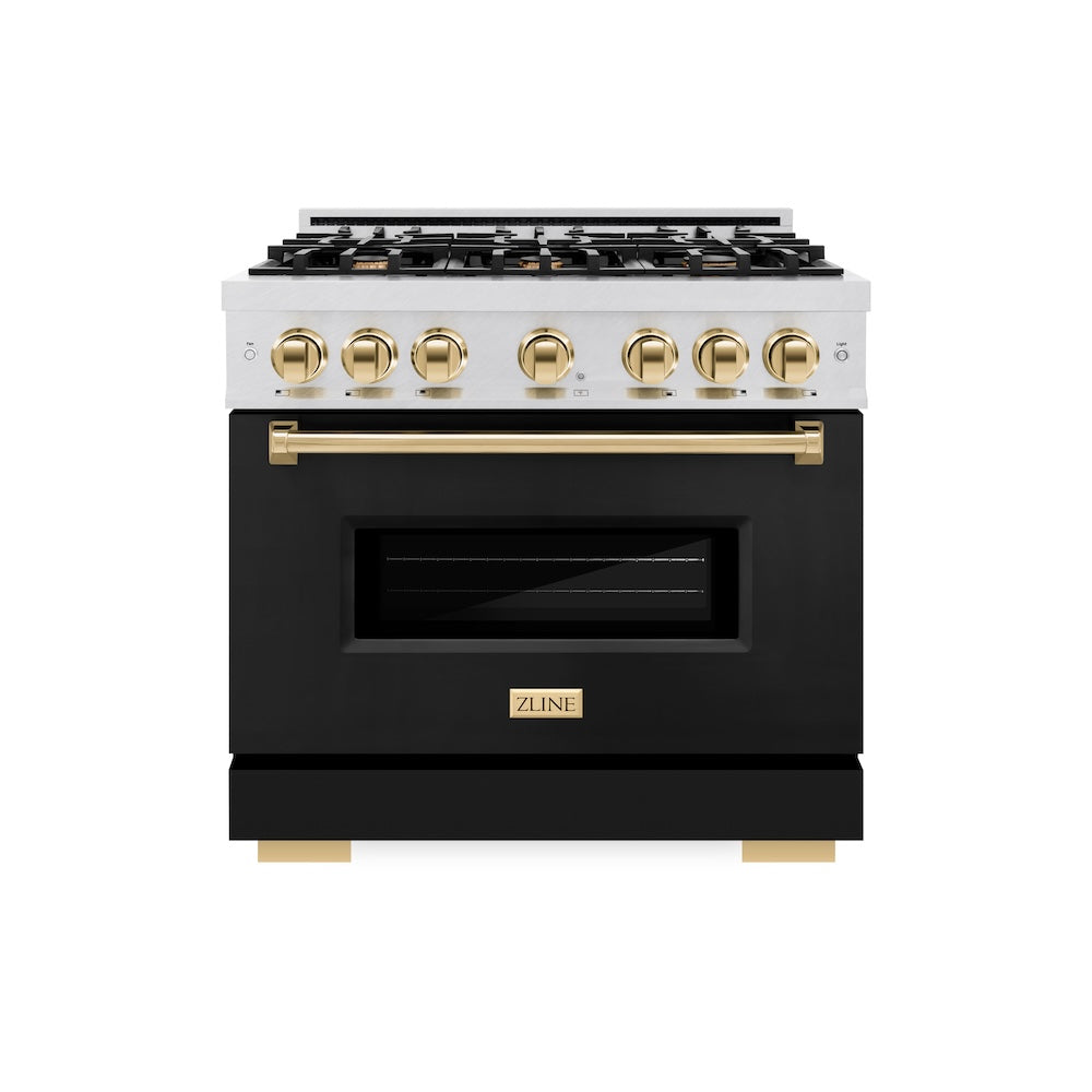 ZLINE Autograph Edition 36 in. 5.2 cu. ft. Classic Dual Fuel Range with 6 Burner Gas Cooktop and Electric Convection Oven in Satin Stainless Steel with Black Matte Door and Polished Gold Accents (CDRSZ-BLM-36-G)