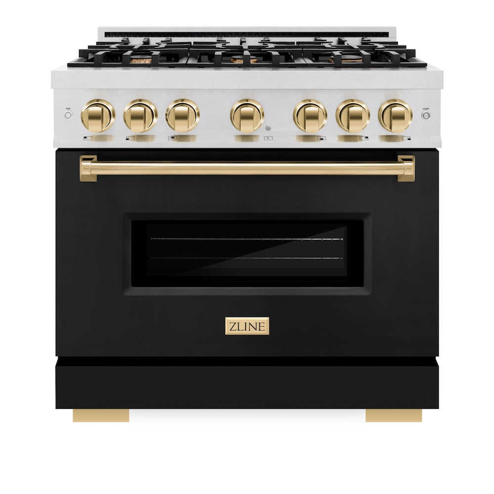 ZLINE Autograph Edition 36 in. 5.2 cu. ft. Classic Dual Fuel Range with 6 Burner Gas Cooktop and Electric Convection Oven in Satin Stainless Steel with Black Matte Door and Polished Gold Accents (CDRSZ-BLM-36-G)