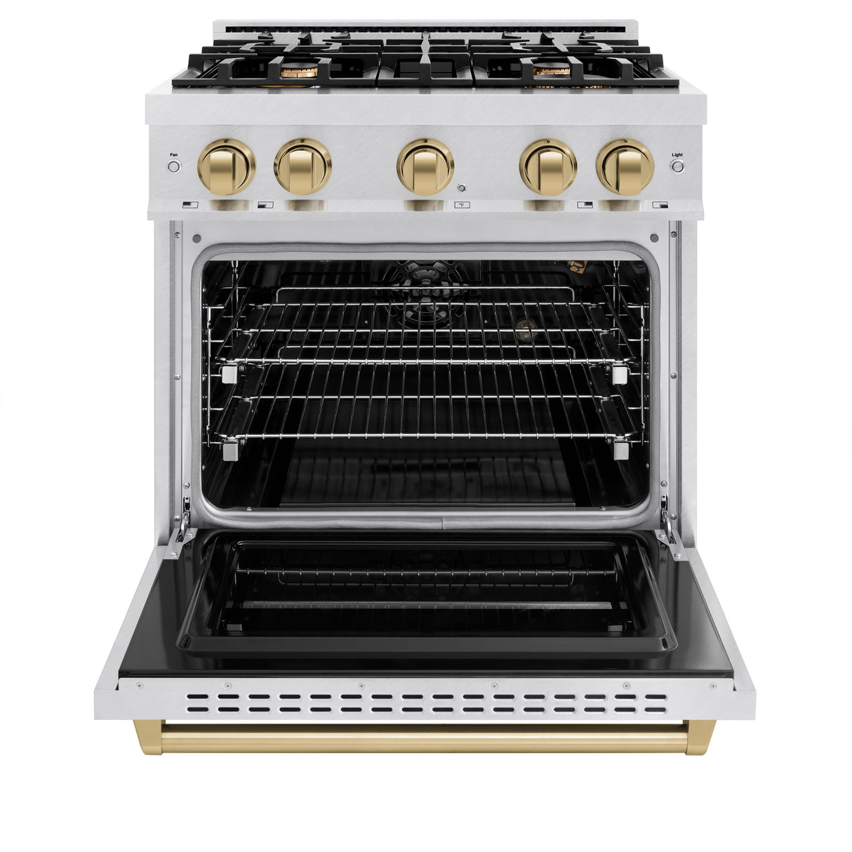 ZLINE Autograph Edition 30 in. 4.2 cu. ft. Classic Gas Range with 4 Burner Cooktop and Convection Gas Oven in Satin Stainless Steel and Champagne Bronze Accents (CGRSZ-30-CB)