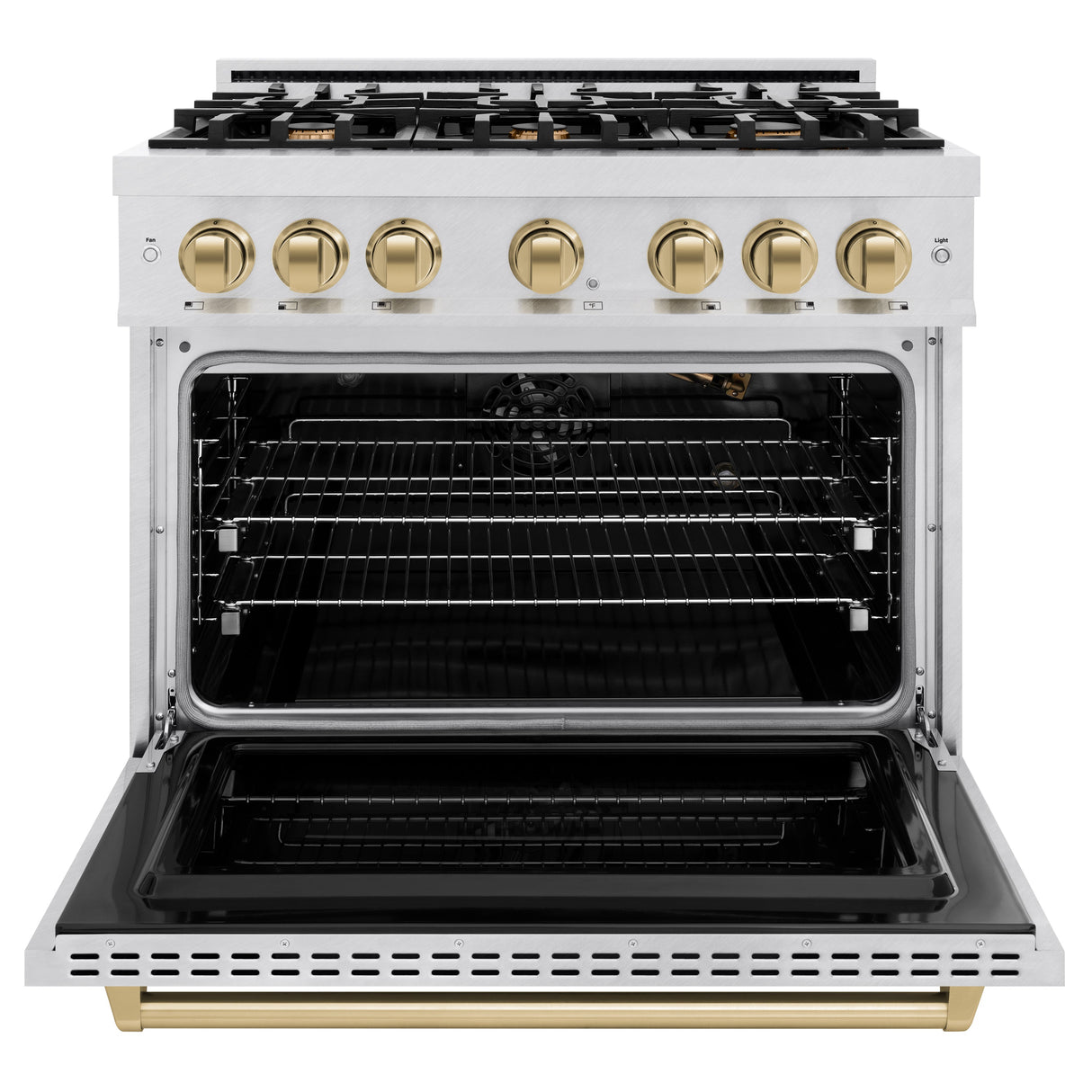 ZLINE Autograph Edition 36 in. 5.2 cu. ft. Classic Gas Range with 6 Burner Cooktop and Convection Gas Oven in Satin Stainless Steel and Champagne Bronze Accents (CGRSZ-36-CB)