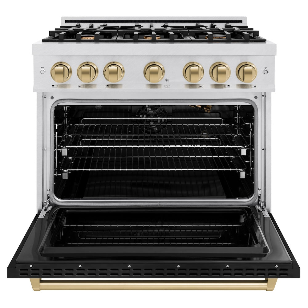 ZLINE Autograph Edition 36 in. 5.2 cu. ft. Classic Gas Range with 6 Burner Cooktop and Convection Gas Oven in Satin Stainless Steel with Black Matte Door and Champagne Bronze Accents (CGRSZ-BLM-36-CB)