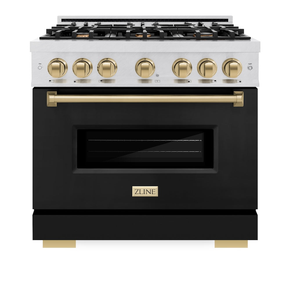 ZLINE Autograph Edition 36 in. 5.2 cu. ft. Classic Gas Range with 6 Burner Cooktop and Convection Gas Oven in Satin Stainless Steel with Black Matte Door and Champagne Bronze Accents (CGRSZ-BLM-36-CB)