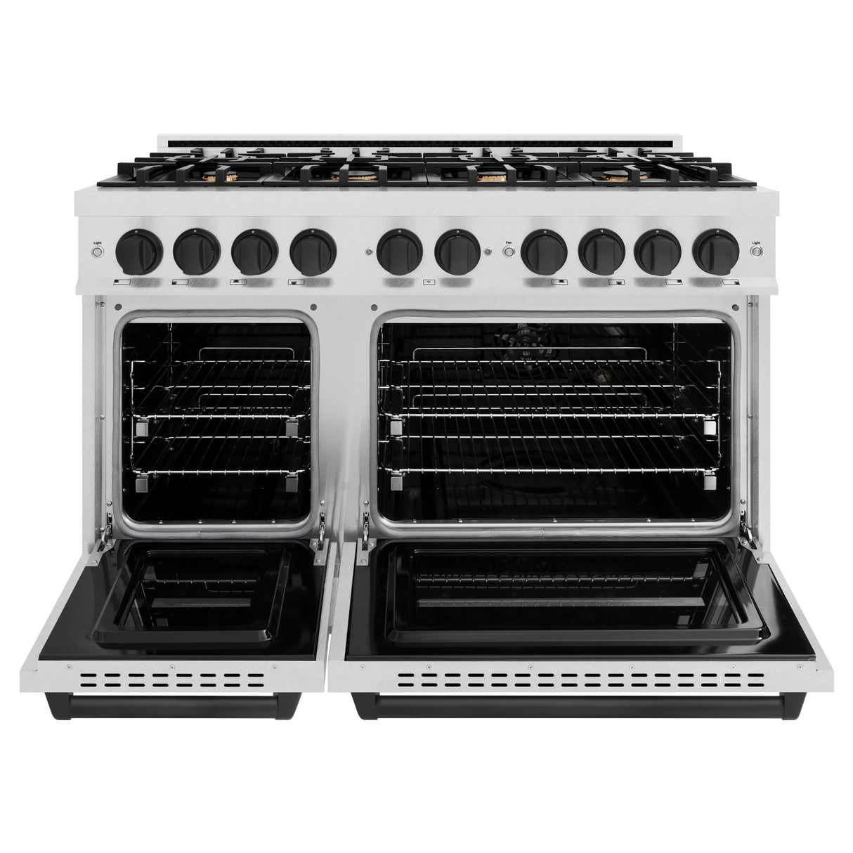ZLINE Autograph Edition 48 in. 6.7 cu. ft. Classic Double Oven Gas Range with 8 Burner Cooktop in Satin Stainless Steel and Matte Black Accents (CGRSZ-48-MB)