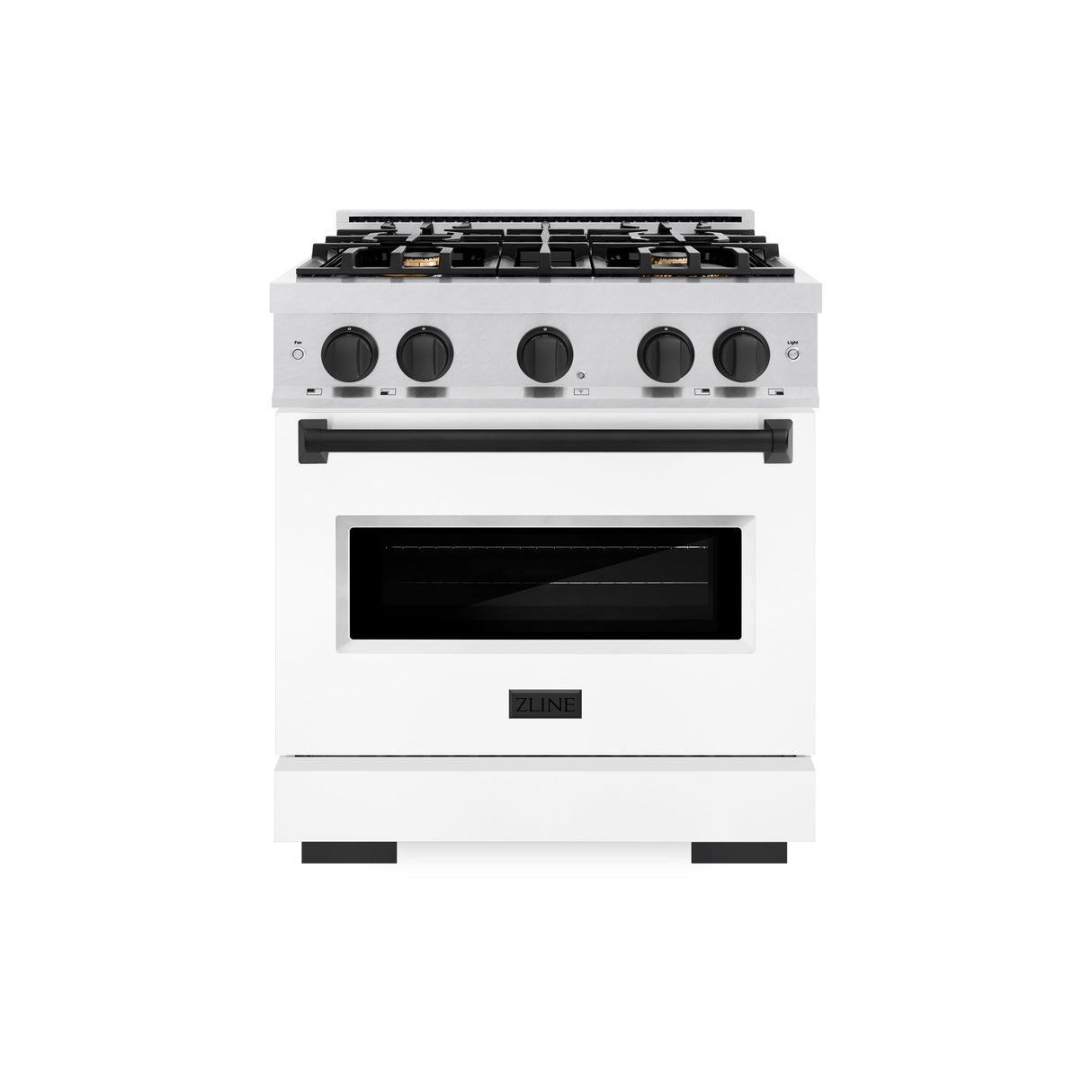 ZLINE Autograph Edition 30 in. 4.2 cu. ft. Classic Gas Range with 4 Burner Cooktop and Convection Gas Oven in Satin Stainless Steel with White Matte Door and Matte Black Accents (CGRSZ-WM-30-MB)