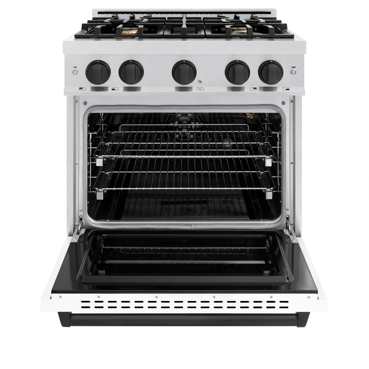 ZLINE Autograph Edition 30 in. 4.2 cu. ft. Classic Gas Range with 4 Burner Cooktop and Convection Gas Oven in Satin Stainless Steel with White Matte Door and Matte Black Accents (CGRSZ-WM-30-MB)